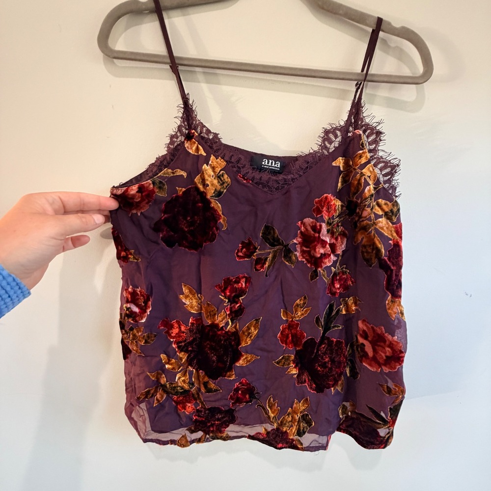 ANA Velvet Burnout Floral Camisole Women M Lace Trim Whimsigoth Fairy Grunge